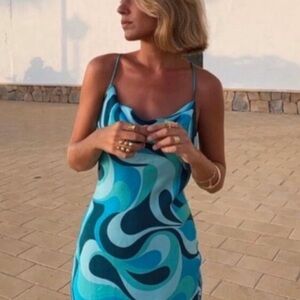 The Safia Dress Blue Wavy Swirl Satin Mini Slip Blogger Fav 70s Retro